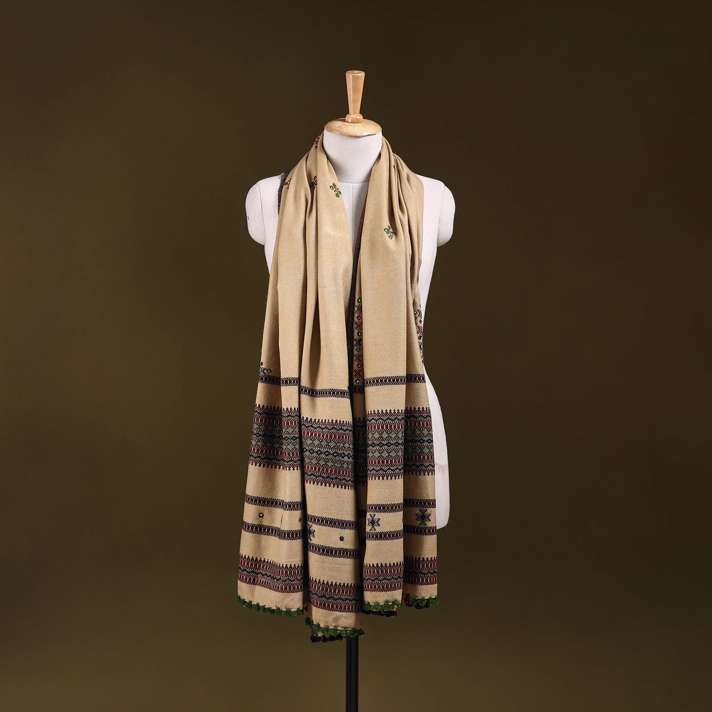 Beige - Kutch Bhujodi Handwoven Mirror Work Acrylic Wool Shawl 118