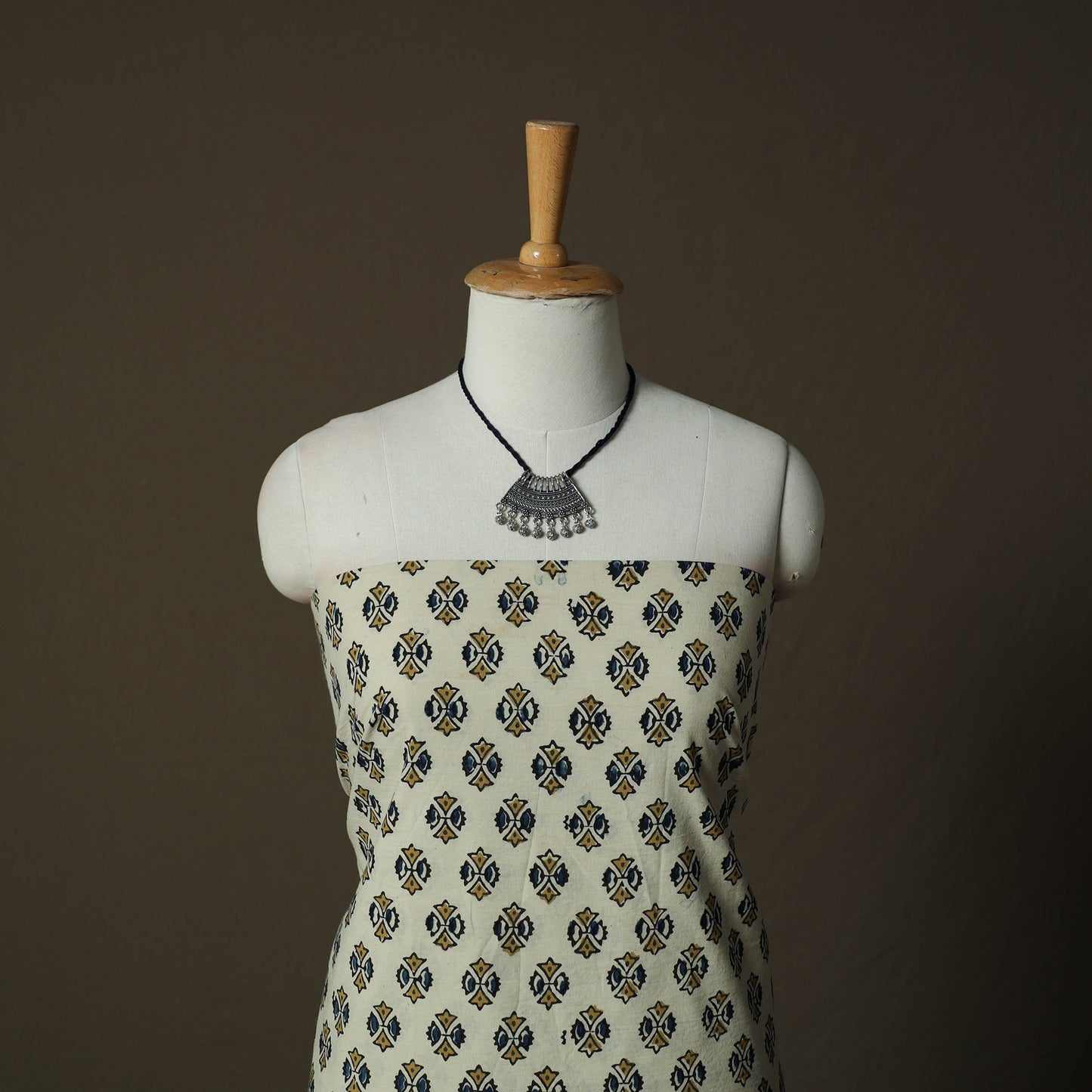 Ajrakh Hand Block Print Natural Dyed 2pc Cotton Unstitched Dress Material Kurta Set with Jewellery 14