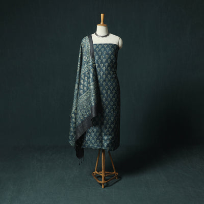 Blue - Ajrakh Natural Dyed Hand Block Print Handloom Tussar Silk 2pc Unstitched Dress Material Kurta Set 12