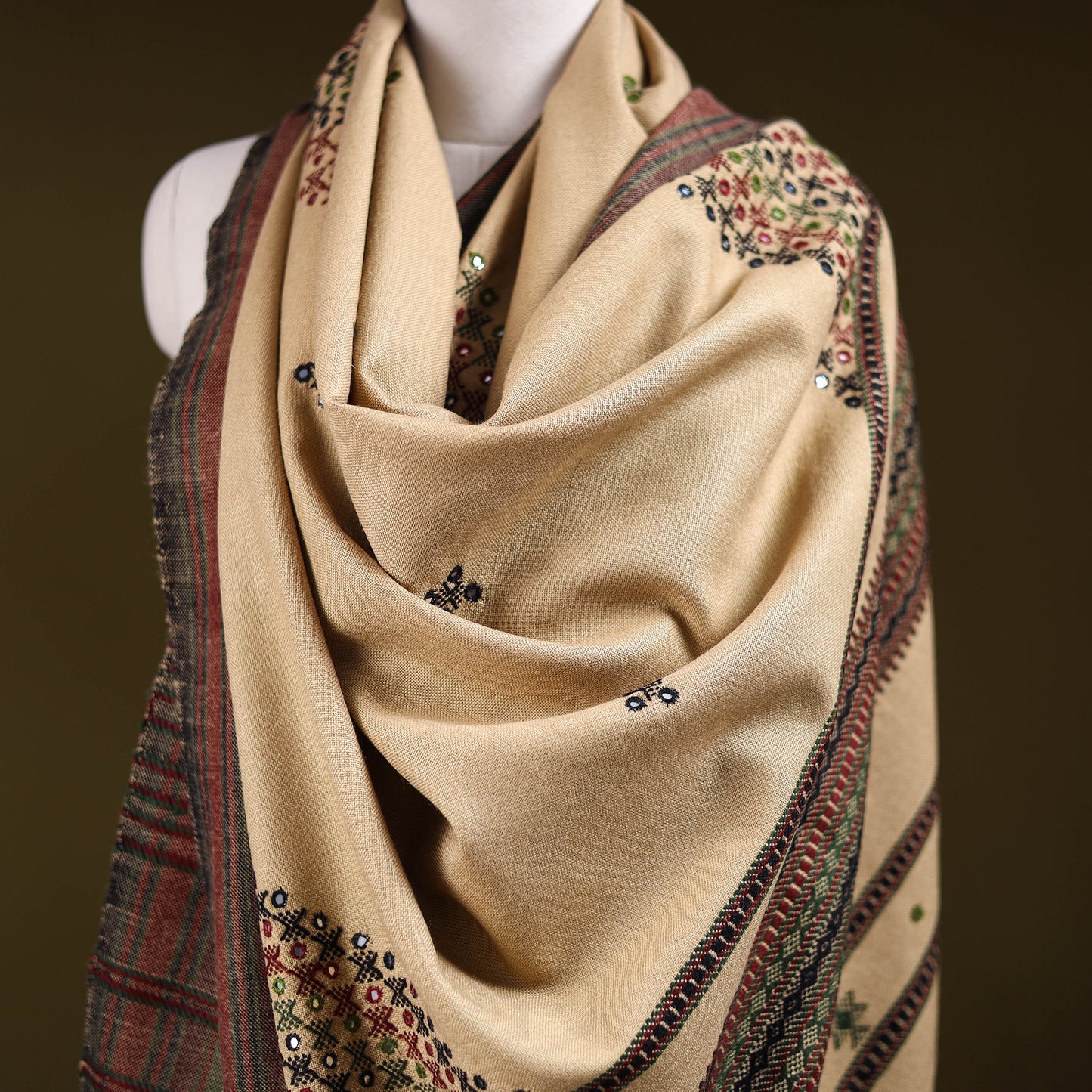 Beige - Kutch Bhujodi Handwoven Mirror Work Acrylic Wool Shawl 118