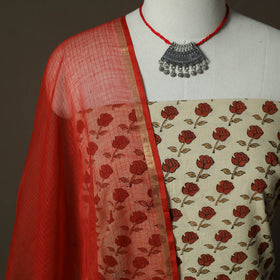 Ajrakh Hand Block Print Natural Dyed 2pc Cotton Unstitched Dress Material Kurta Set with Jewellery 15