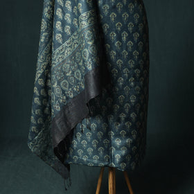 Blue - Ajrakh Natural Dyed Hand Block Print Handloom Tussar Silk 2pc Unstitched Dress Material Kurta Set 12