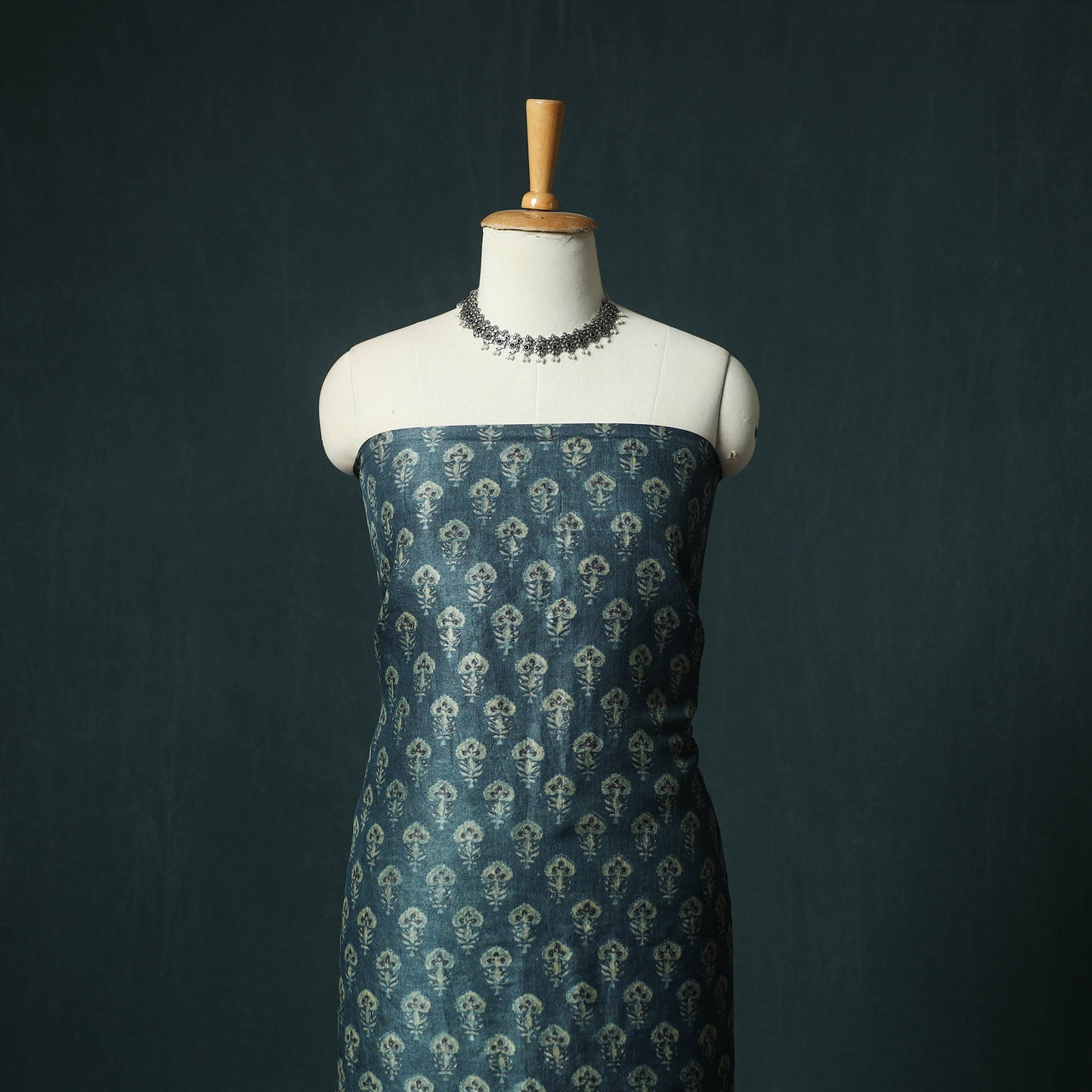 Blue - Ajrakh Natural Dyed Hand Block Print Handloom Tussar Silk 2pc Unstitched Dress Material Kurta Set 12