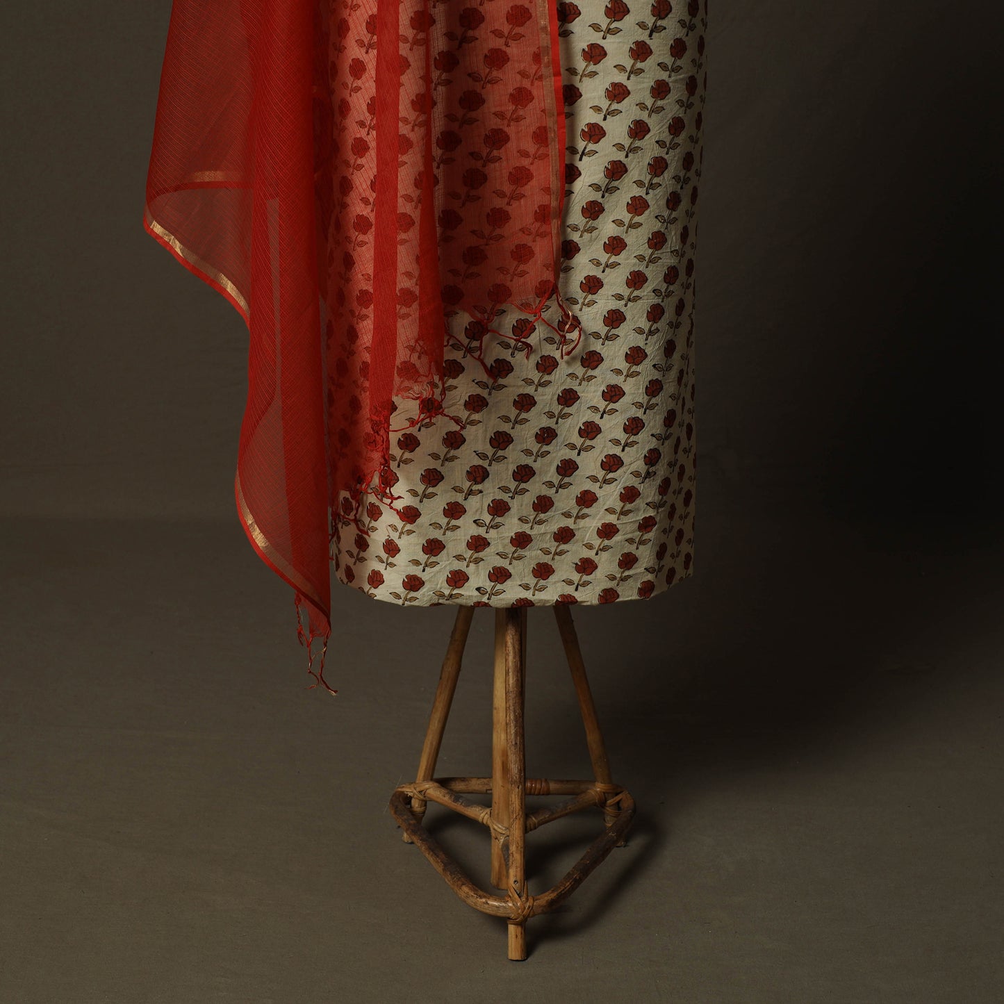 Ajrakh Hand Block Print Natural Dyed 2pc Cotton Unstitched Dress Material Kurta Set with Jewellery 15