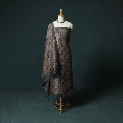 Brown - Ajrakh Natural Dyed Hand Block Print Handloom Tussar Silk 2pc Unstitched Dress Material Kurta Set 13