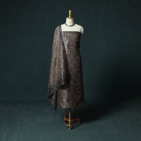 Brown - Ajrakh Natural Dyed Hand Block Print Handloom Tussar Silk 2pc Unstitched Dress Material Kurta Set 13