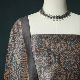 Brown - Ajrakh Natural Dyed Hand Block Print Handloom Tussar Silk 2pc Unstitched Dress Material Kurta Set 13