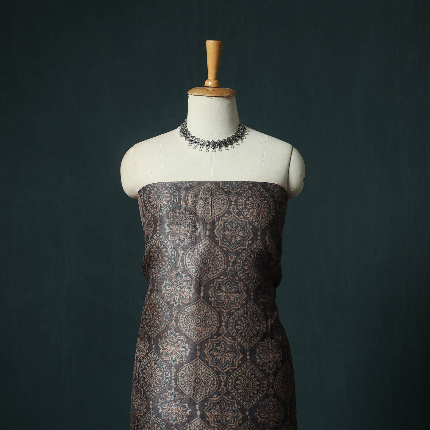Brown - Ajrakh Natural Dyed Hand Block Print Handloom Tussar Silk 2pc Unstitched Dress Material Kurta Set 13
