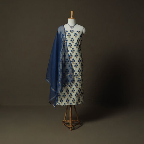 Ajrakh Hand Block Print Natural Dyed 2pc Cotton Unstitched Dress Material Kurta Set with Jewellery 16