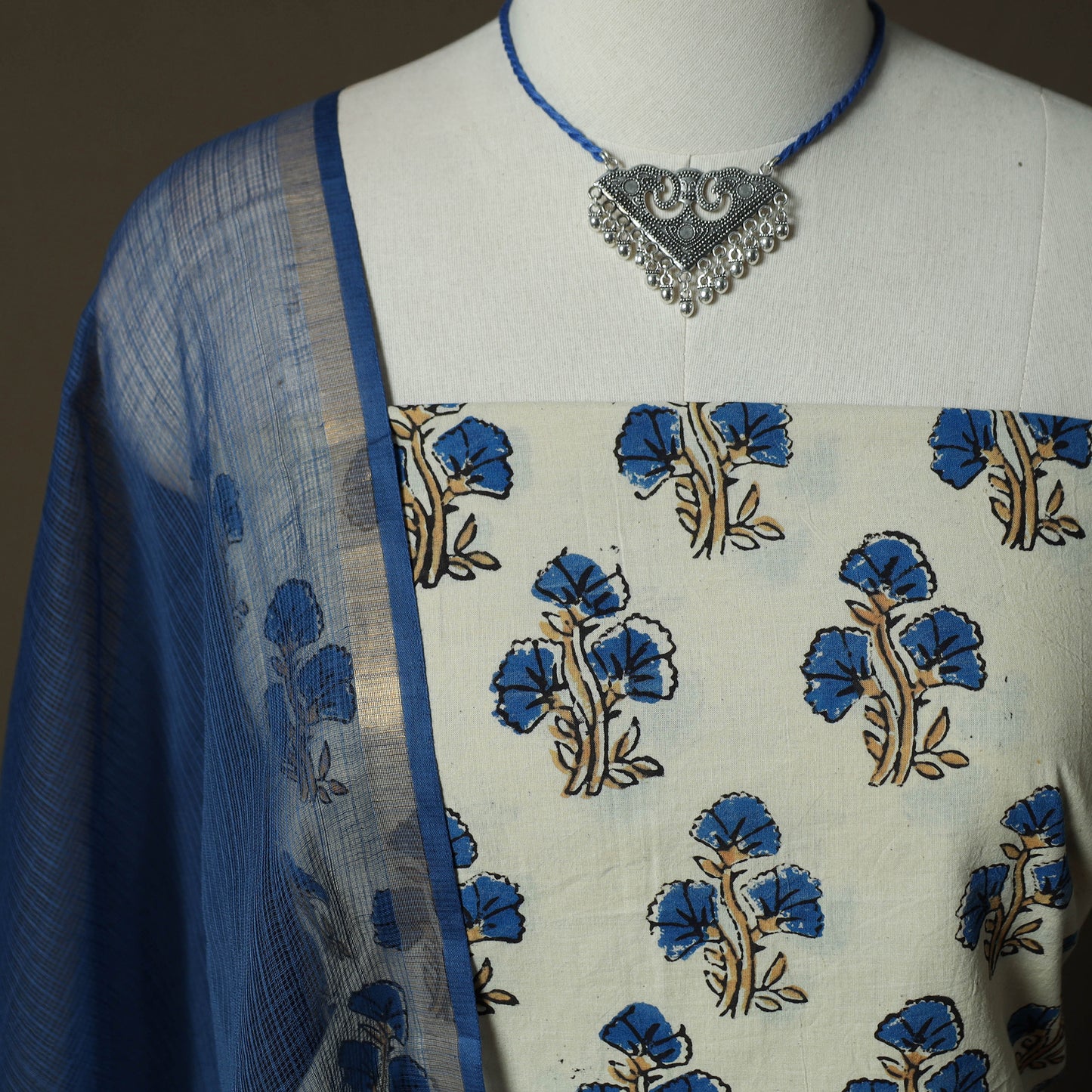Ajrakh Hand Block Print Natural Dyed 2pc Cotton Unstitched Dress Material Kurta Set with Jewellery 16