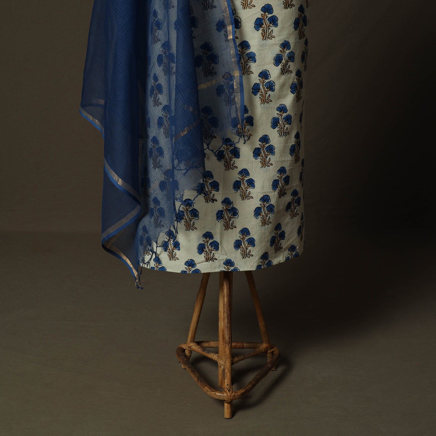 Ajrakh Hand Block Print Natural Dyed 2pc Cotton Unstitched Dress Material Kurta Set with Jewellery 16