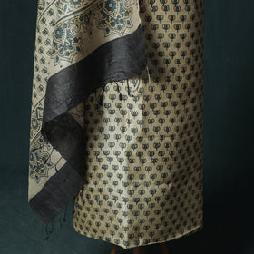 Beige - Ajrakh Natural Dyed Hand Block Print Handloom Tussar Silk 2pc Unstitched Dress Material Kurta Set 14