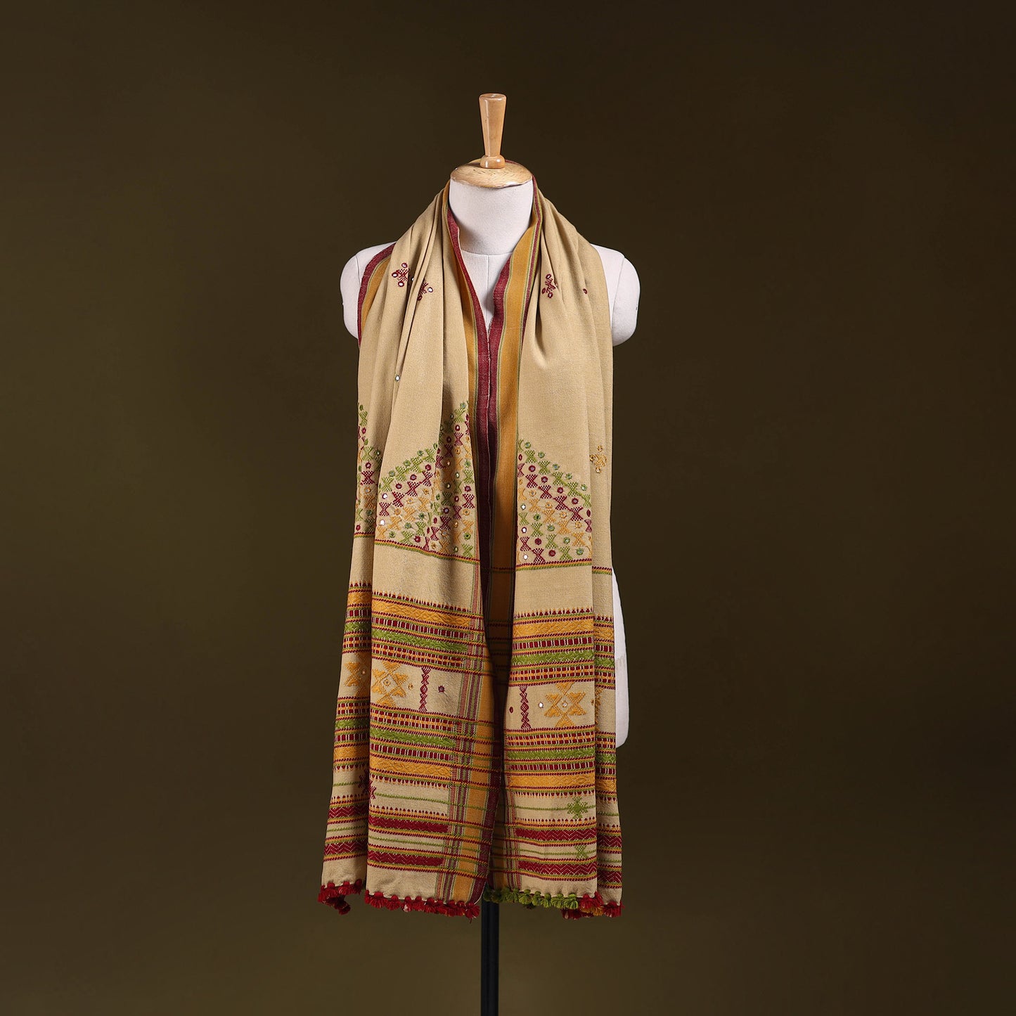 Beige - Kutch Bhujodi Handwoven Mirror Work Acrylic Wool Shawl 121