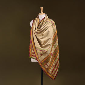 Beige - Kutch Bhujodi Handwoven Mirror Work Acrylic Wool Shawl 121