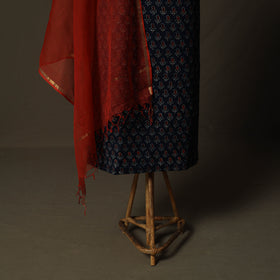 Ajrakh Hand Block Print Natural Dyed 2pc Cotton Unstitched Dress Material Kurta Set with Jewellery 17