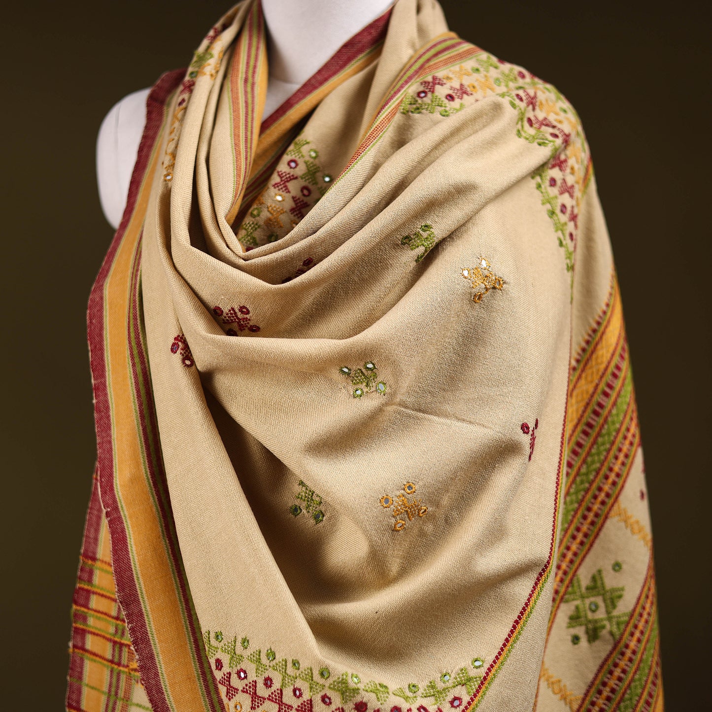 Beige - Kutch Bhujodi Handwoven Mirror Work Acrylic Wool Shawl 121