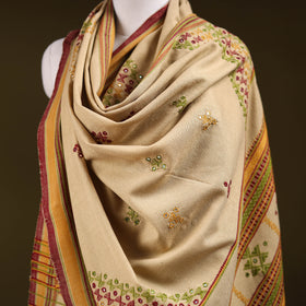 Beige - Kutch Bhujodi Handwoven Mirror Work Acrylic Wool Shawl 121
