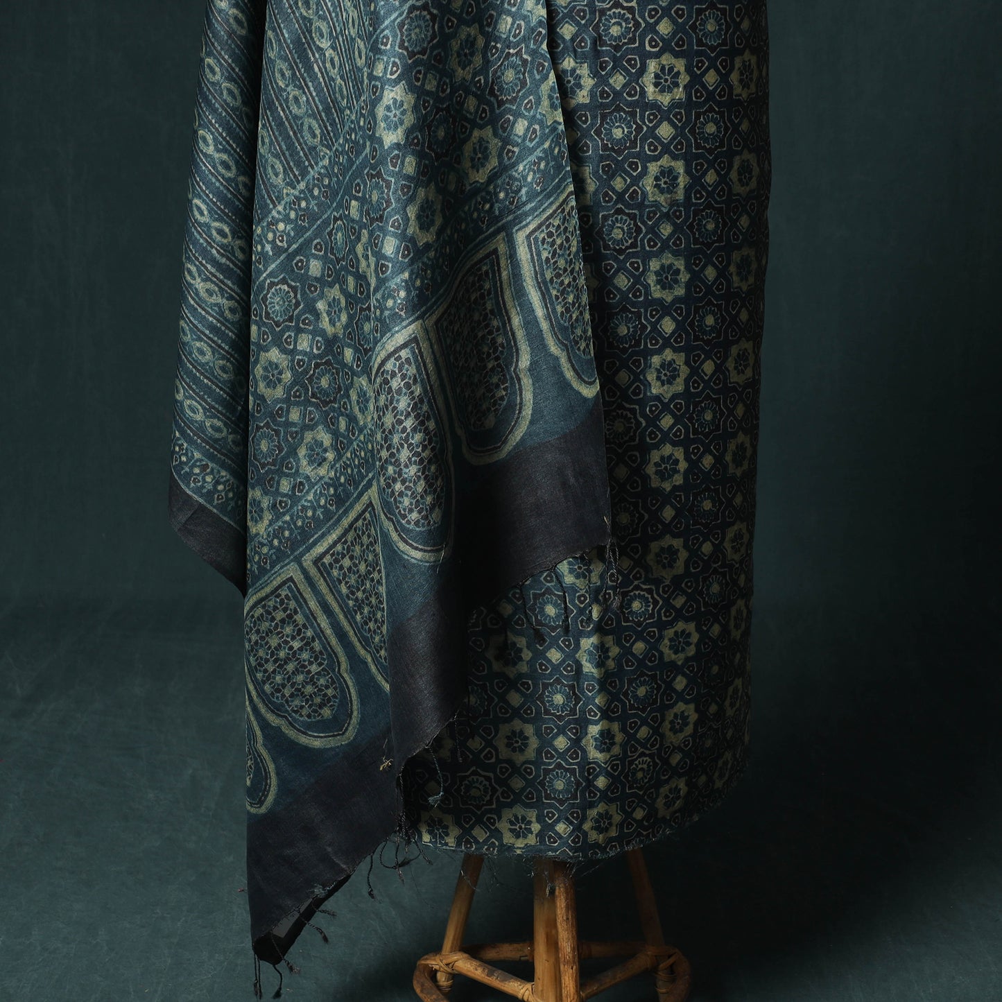 Blue - Ajrakh Natural Dyed Hand Block Print Handloom Tussar Silk 2pc Unstitched Dress Material Kurta Set 15
