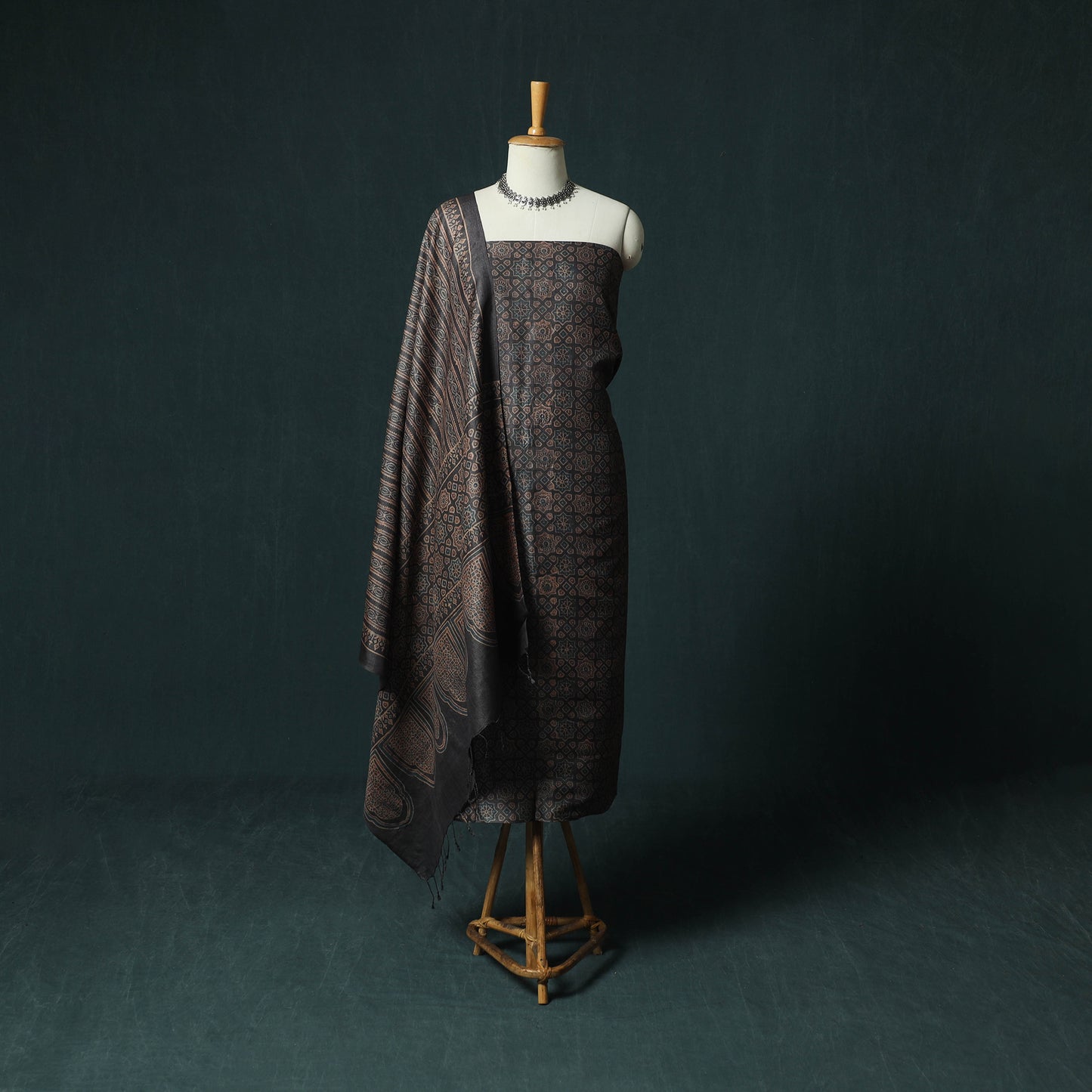 Black - Ajrakh Natural Dyed Hand Block Print Handloom Tussar Silk 2pc Unstitched Dress Material Kurta Set 16