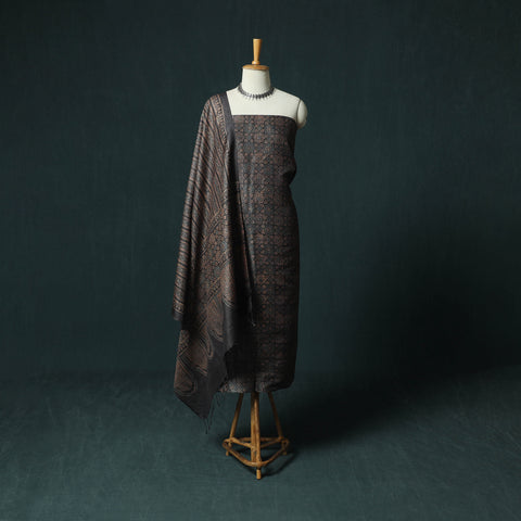 Black - Ajrakh Natural Dyed Hand Block Print Handloom Tussar Silk 2pc Unstitched Dress Material Kurta Set 16