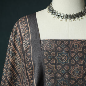 Black - Ajrakh Natural Dyed Hand Block Print Handloom Tussar Silk 2pc Unstitched Dress Material Kurta Set 16