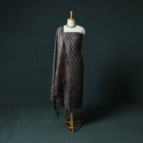 Black - Ajrakh Natural Dyed Hand Block Print Handloom Tussar Silk 2pc Unstitched Dress Material Kurta Set 17