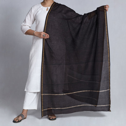 Black - Bagh Block Printed Natural Dyed Chanderi Silk Handloom Dupatta with Zari Border