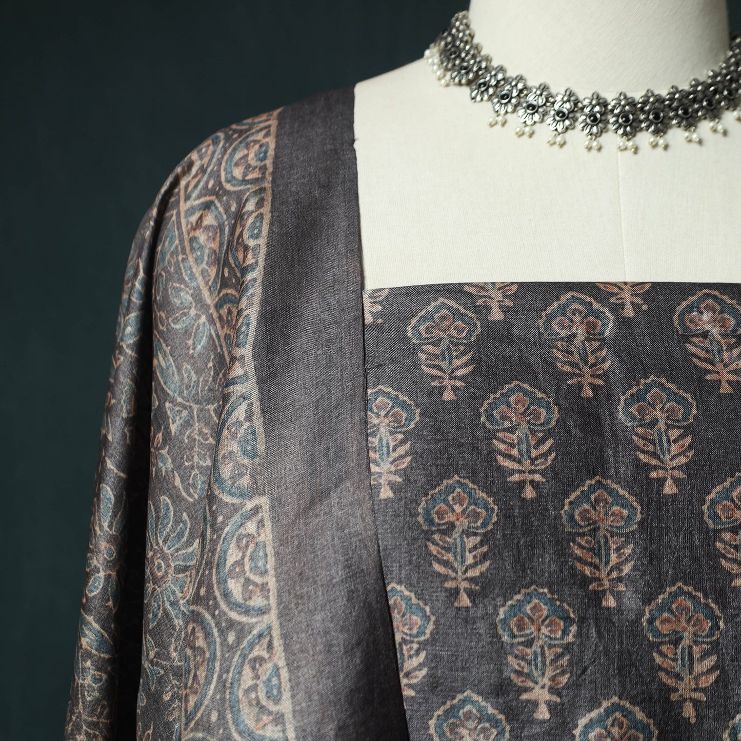 Black - Ajrakh Natural Dyed Hand Block Print Handloom Tussar Silk 2pc Unstitched Dress Material Kurta Set 17
