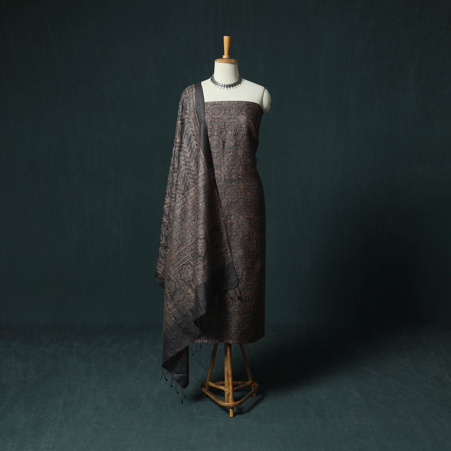 Brown - Ajrakh Natural Dyed Hand Block Print Handloom Tussar Silk 2pc Unstitched Dress Material Kurta Set 18