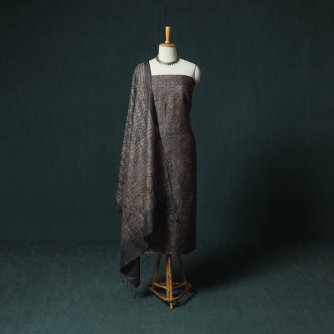 Brown - Ajrakh Natural Dyed Hand Block Print Handloom Tussar Silk 2pc Unstitched Dress Material Kurta Set 18