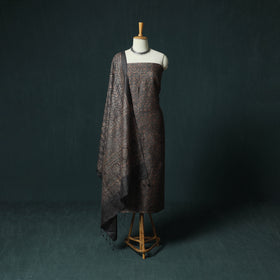 Brown - Ajrakh Natural Dyed Hand Block Print Handloom Tussar Silk 2pc Unstitched Dress Material Kurta Set 18