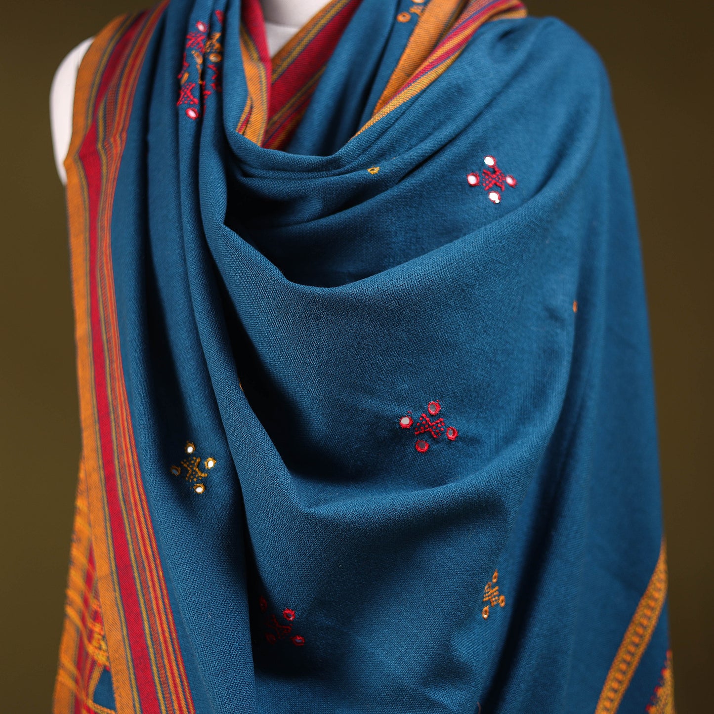 Blue - Kutch Bhujodi Handwoven Mirror Work Acrylic Wool Shawl 123