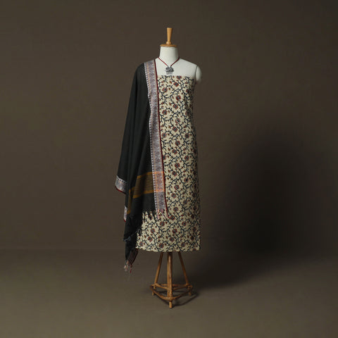 Kalamkari Hand Block Print Cotton 2pc Unstitched Dress Material Kurta Set with Jewellery 02