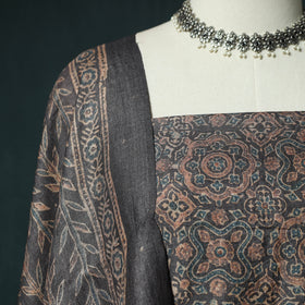 Brown - Ajrakh Natural Dyed Hand Block Print Handloom Tussar Silk 2pc Unstitched Dress Material Kurta Set 18