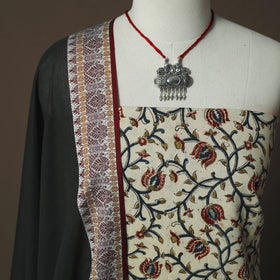 Kalamkari Hand Block Print Cotton 2pc Unstitched Dress Material Kurta Set with Jewellery 02