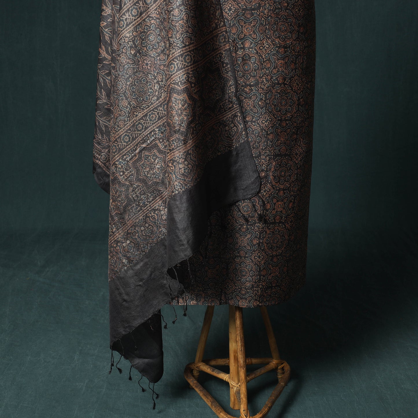 Brown - Ajrakh Natural Dyed Hand Block Print Handloom Tussar Silk 2pc Unstitched Dress Material Kurta Set 18