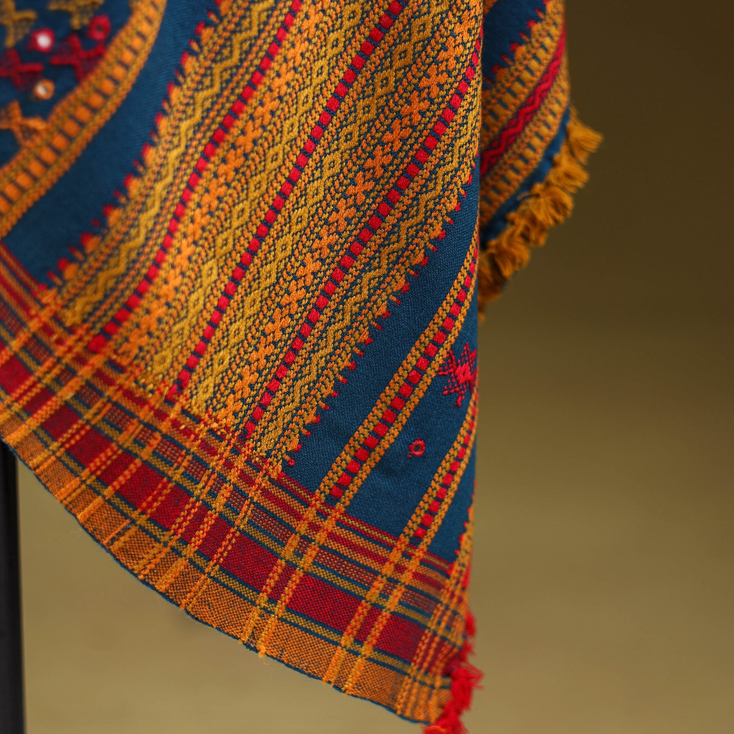 Blue - Kutch Bhujodi Handwoven Mirror Work Acrylic Wool Shawl 123