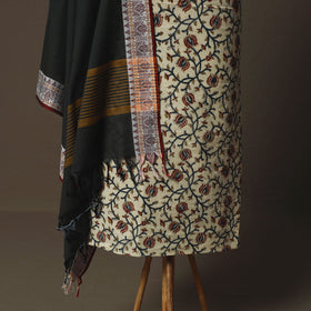 Kalamkari Hand Block Print Cotton 2pc Unstitched Dress Material Kurta Set with Jewellery 02