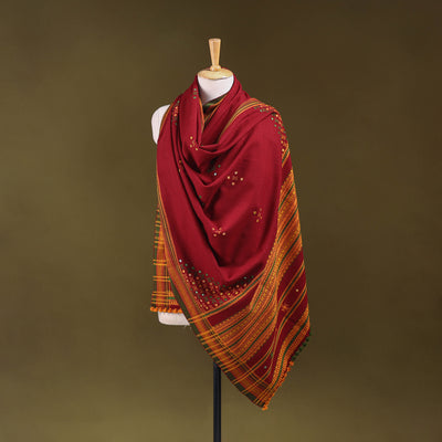 Red - Kutch Bhujodi Handwoven Mirror Work Acrylic Wool Shawl 124