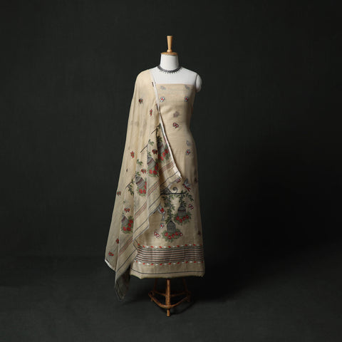 Beige - jamdani silk cotton 2pc unstitched dress material kurta set