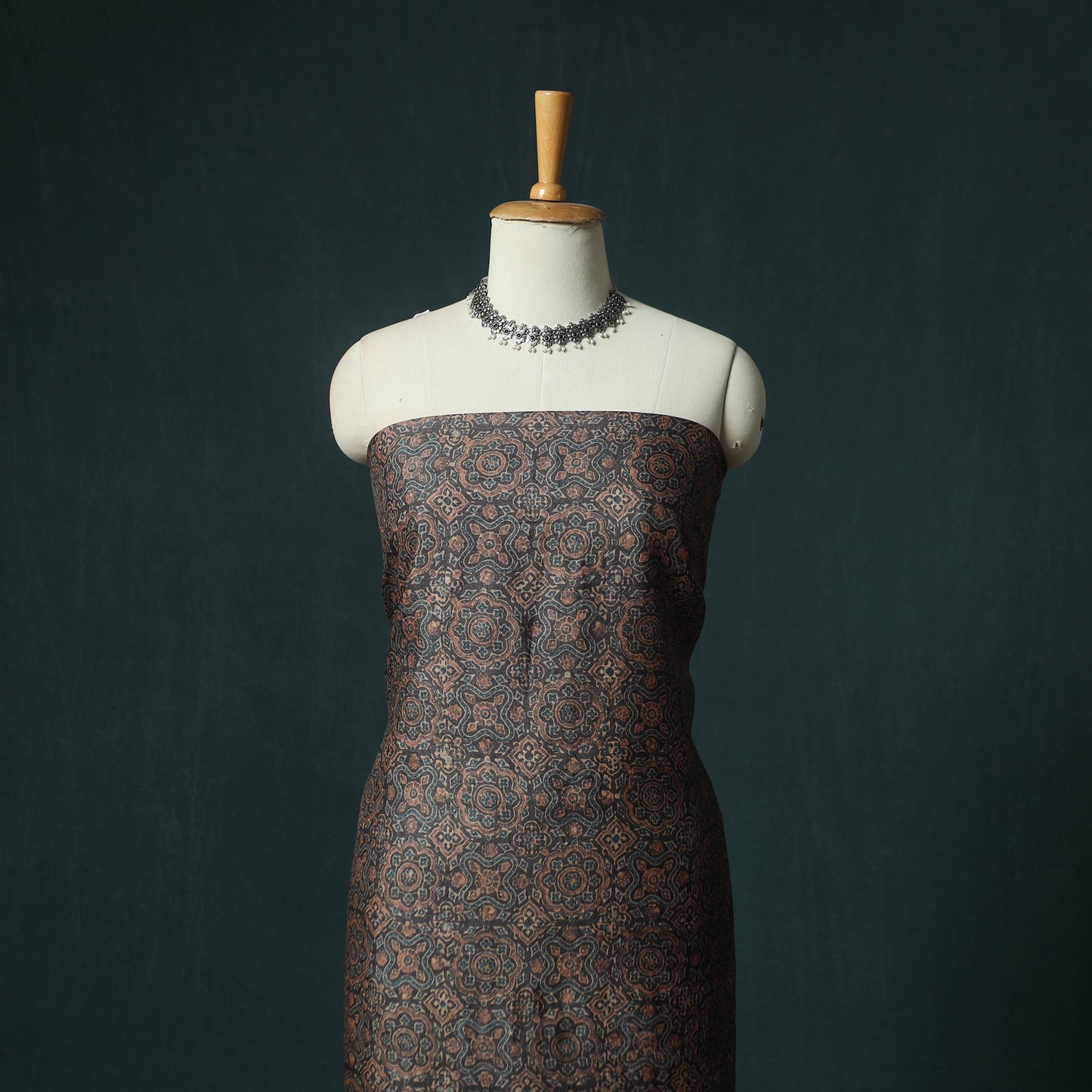 Brown - Ajrakh Natural Dyed Hand Block Print Handloom Tussar Silk 2pc Unstitched Dress Material Kurta Set 18