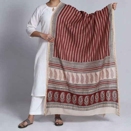 Maroon - Bagh Block Printed Natural Dyed Chanderi Silk Handloom Dupatta with Zari Border