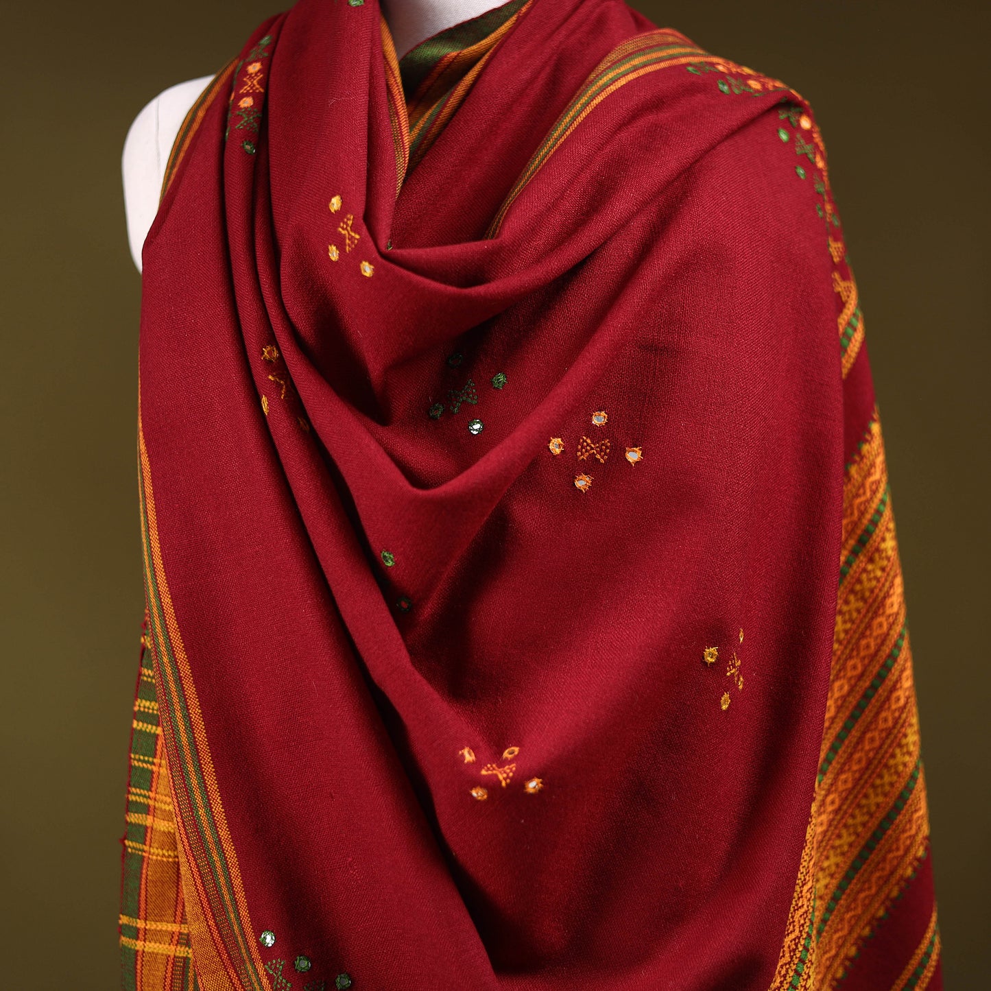 Red - Kutch Bhujodi Handwoven Mirror Work Acrylic Wool Shawl 124