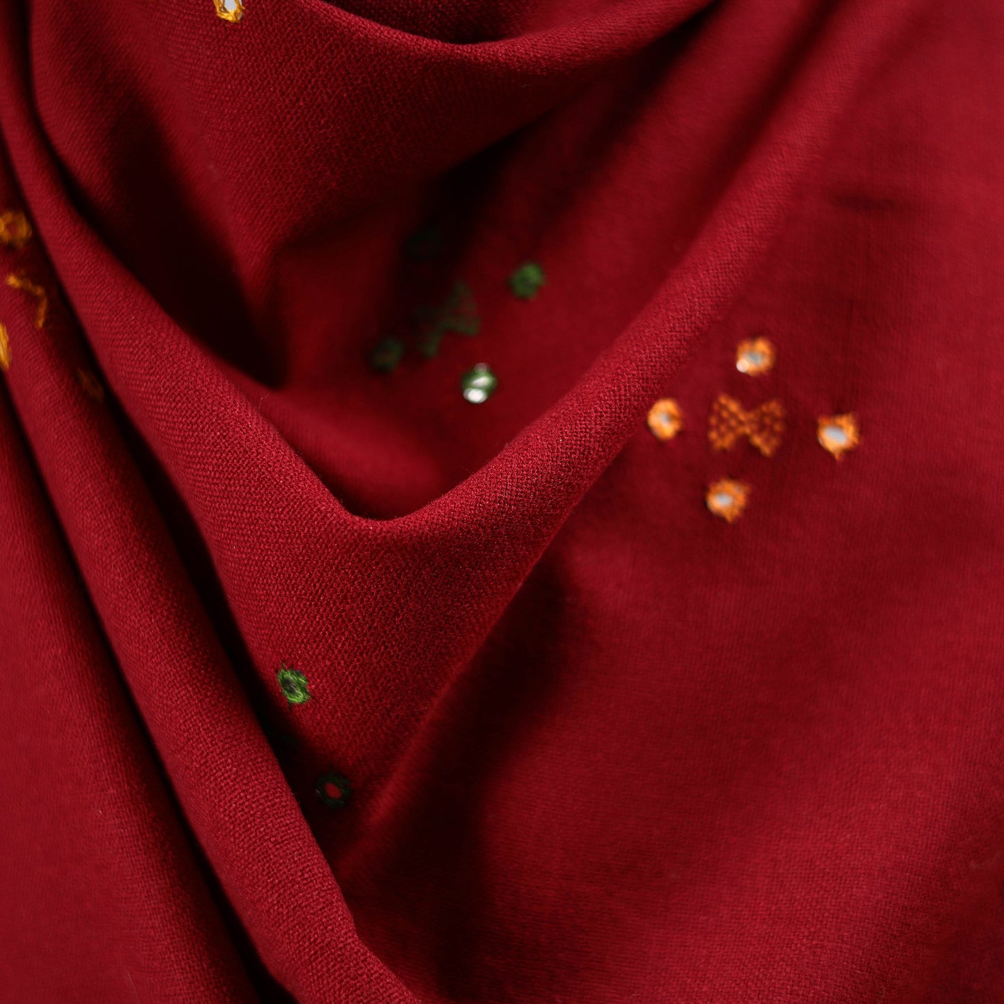 Red - Kutch Bhujodi Handwoven Mirror Work Acrylic Wool Shawl 124