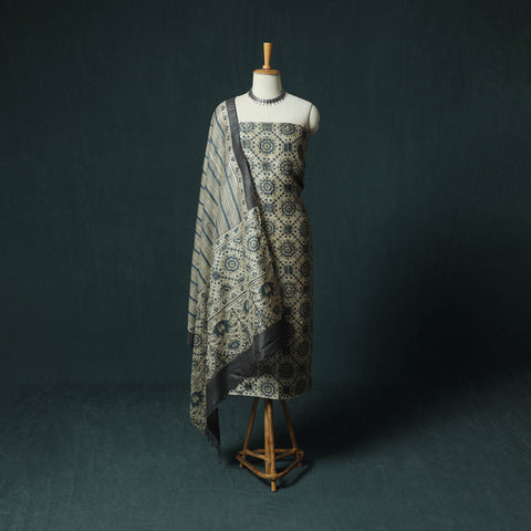 Beige - Ajrakh Natural Dyed Hand Block Print Handloom Tussar Silk 2pc Unstitched Dress Material Kurta Set 19