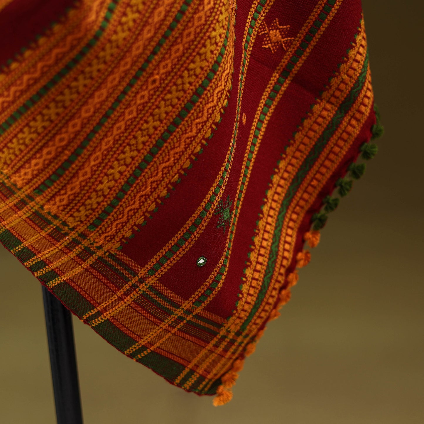 Red - Kutch Bhujodi Handwoven Mirror Work Acrylic Wool Shawl 124