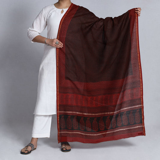 Maroon - Bagh Block Printed Natural Dyed Chanderi Silk Handloom Dupatta with Zari Border
