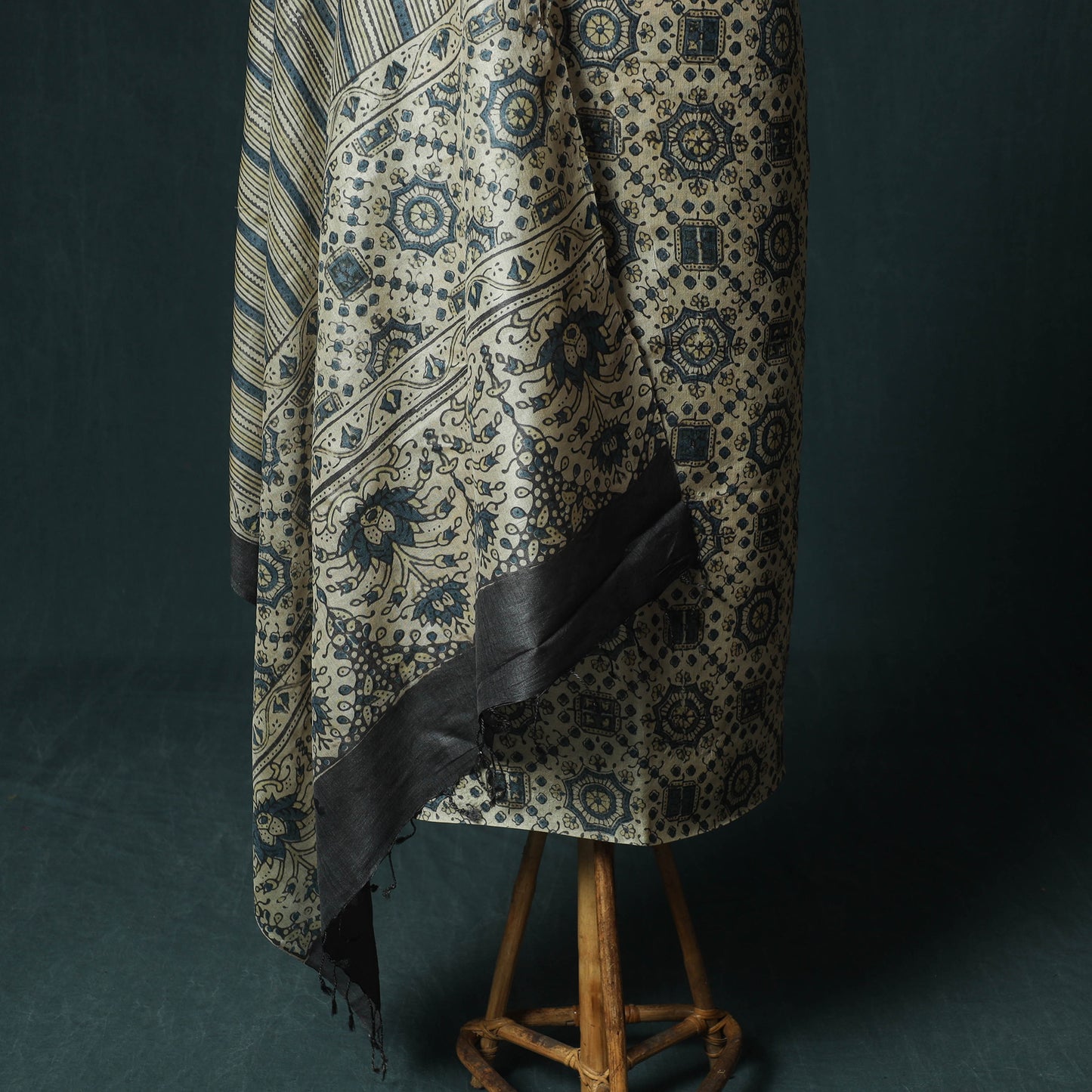 Beige - Ajrakh Natural Dyed Hand Block Print Handloom Tussar Silk 2pc Unstitched Dress Material Kurta Set 19