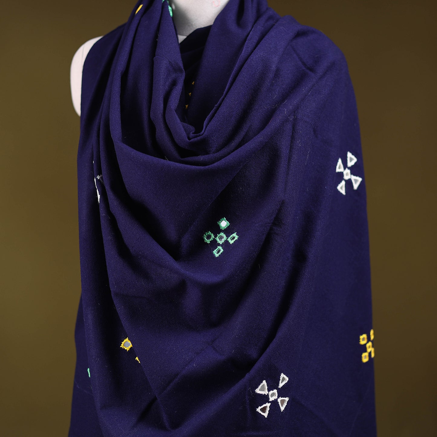 Blue - Kutch Handwoven Mirror Work Acrylic Wool Shawl 125