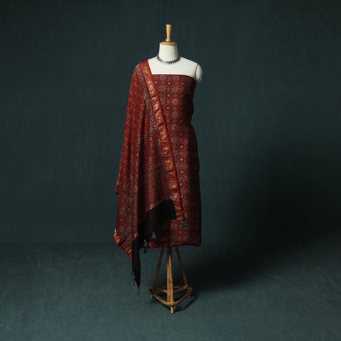 Red - Ajrakh Hand Block Print Natural Dyed Maheshwari Silk 2pc Unstitched Dress Material Kurta Set 21